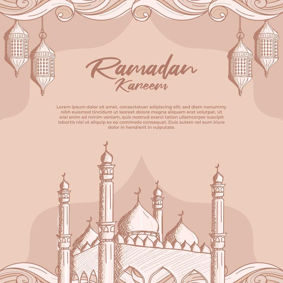 Ramadán Kareem con mezquita islámica dibujada a mano y fondo de ilustración de linterna vector