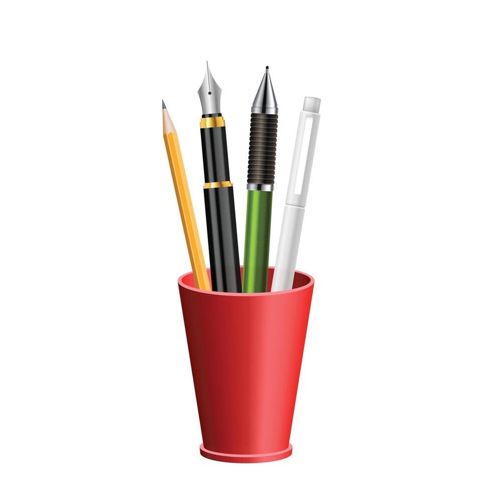 Realistic pens and pencils in plastic glass vector