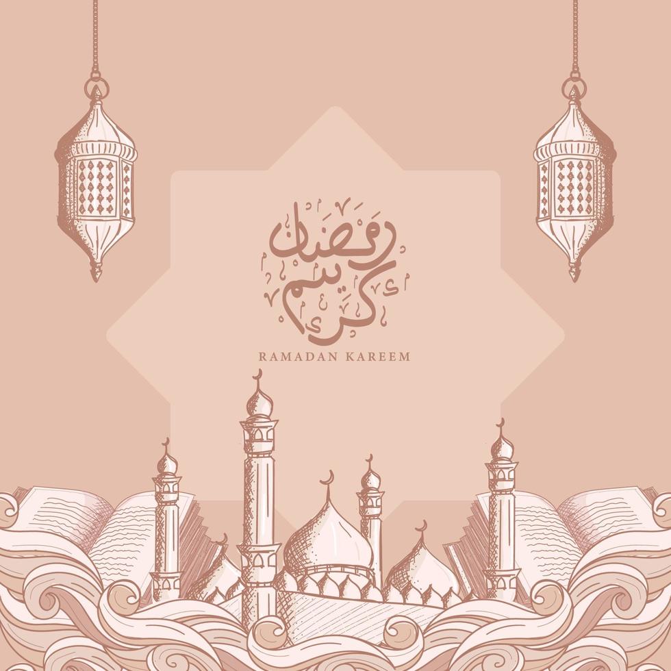 Ramadán Kareem con fondo de ilustración de ornamento islámico dibujado a mano vector
