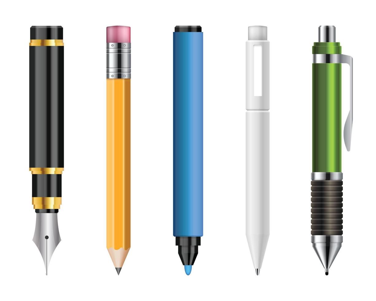 Set of realistic pens and pencils vector illustration isolated on white