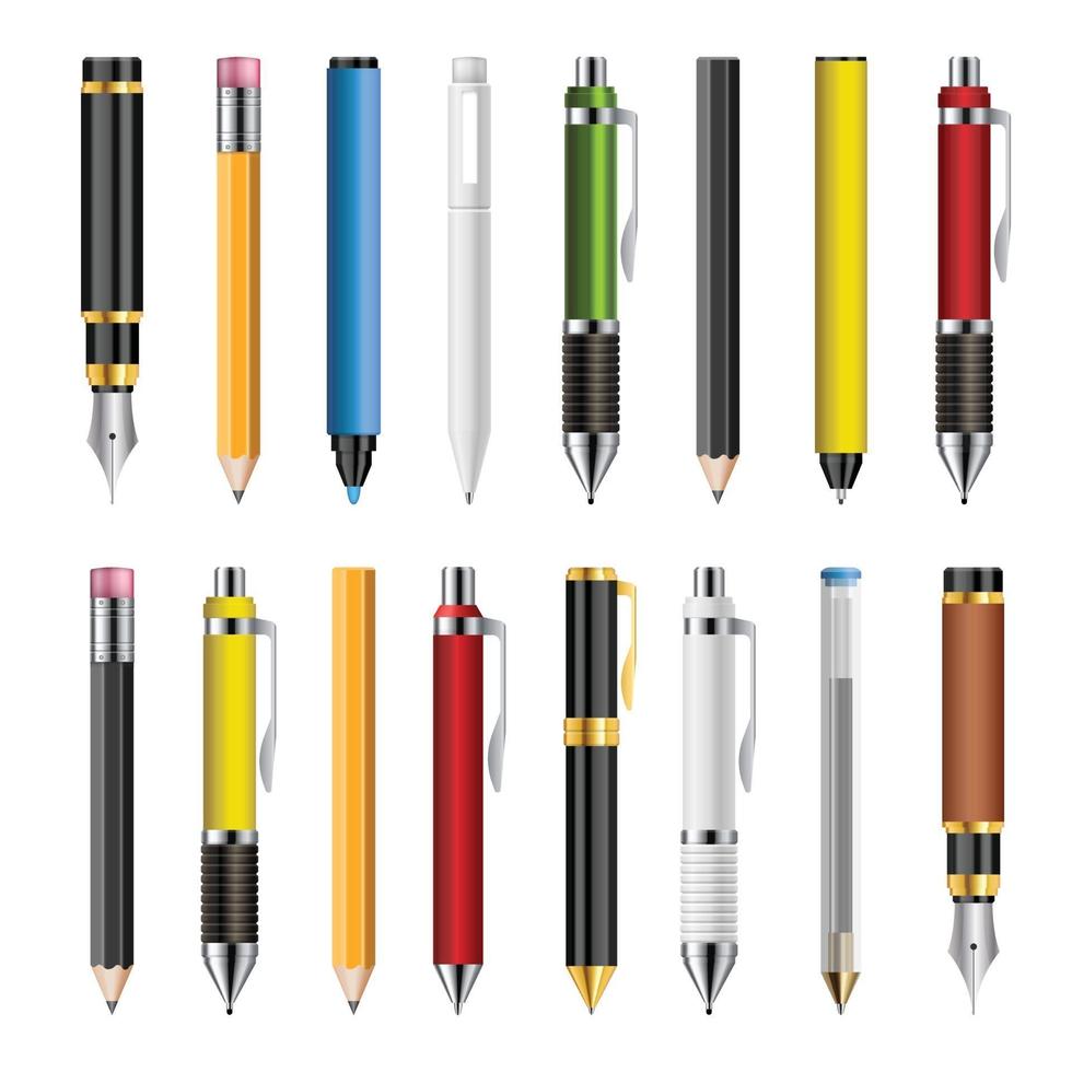 Set of realistic pens and pencils vector illustration isolated on white