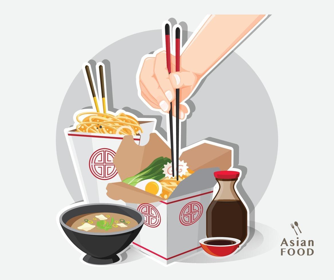 comida china para llevar caja, caja para llevar fideos, ilustración vectorial vector