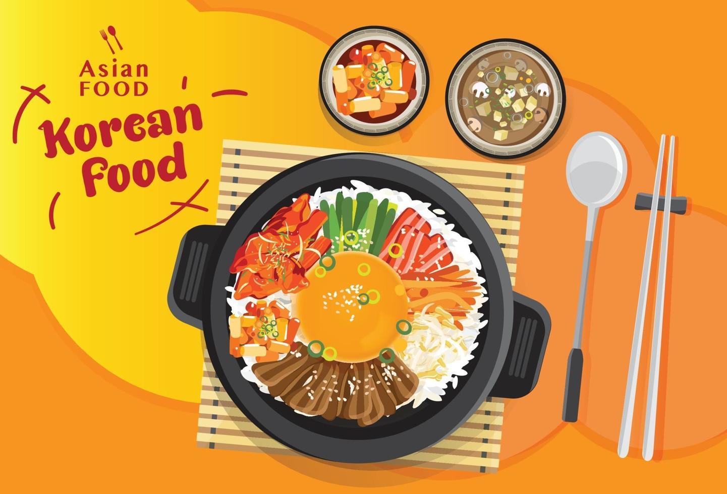 Korean cuisine Bibimbap set, Rice mixing with various ingredients in black bowl, top view vector illustration