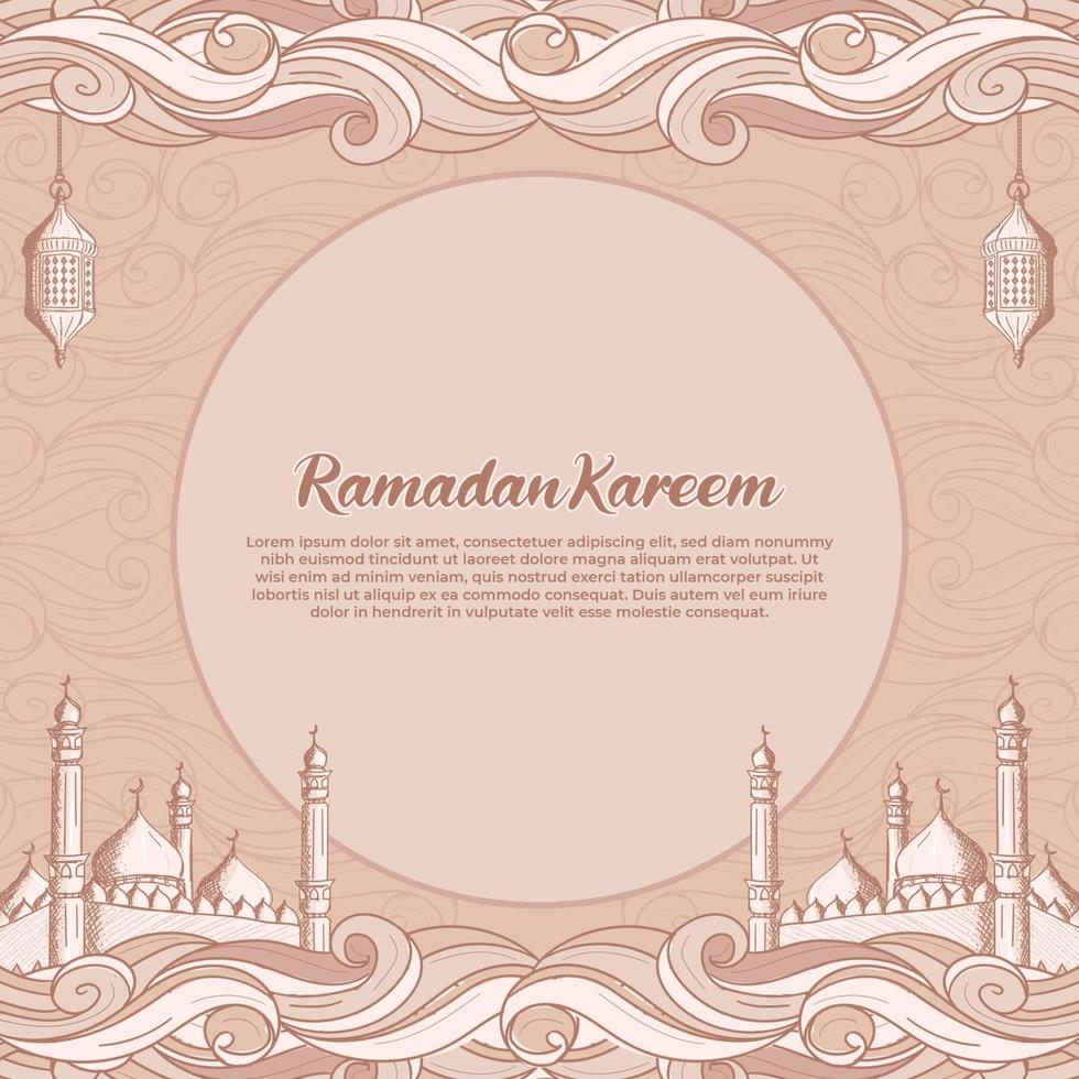 Ramadan kareem with hand drawn islamic mosque and lantern illustration vector