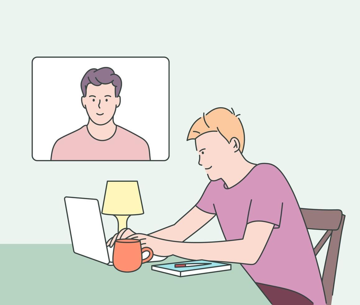 Stay and work from home. Workplace, laptop screen, group of people talking by internet. Hand drawn style vector design illustrations. Video conference illustration.