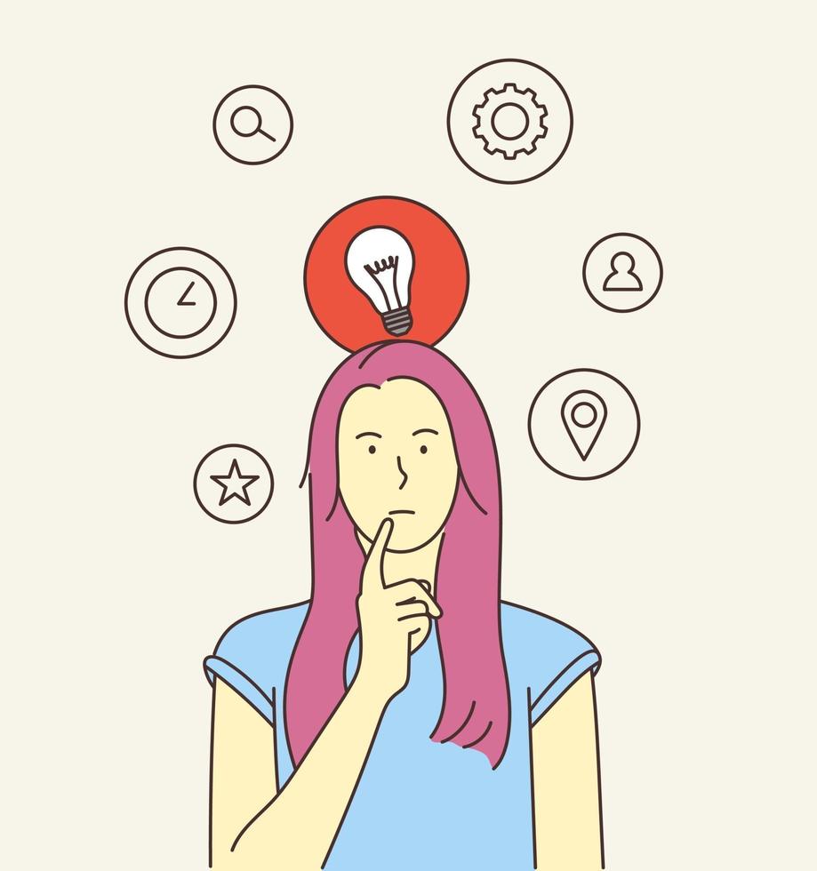 pensamiento, idea, búsqueda, concepto de negocio. mujer joven o niña, dama indecisa pensó elegir decidir dilemas resolver problemas encontrar nuevas ideas. ilustración vectorial plana vector