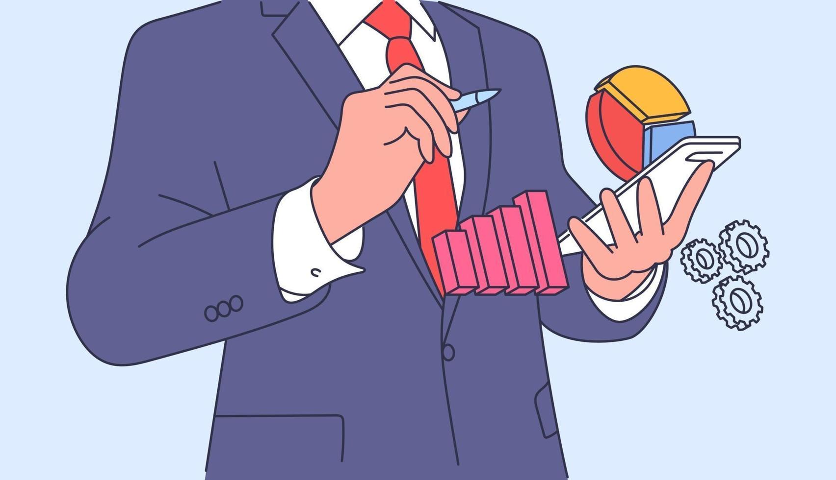 Analysis, business plan concept. Businessman clerk manager planning and brainstorming. Flat vector illustration