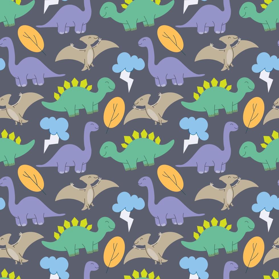 lindo vector de diseño de patrón de dinosaurios. patrón de dinosaurios lindos niños para niñas y niños, coloridos animales de dibujos animados en el fondo transparente creativo abstracto, telón de fondo artístico para textiles y telas.