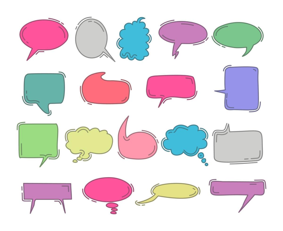 chat bubble doodle colorful hand draw element set. Vector set of speech bubbles. Doodle hand draw like kids style in pastel color for use in business, chat, in box, dialog, message, question, communication, talk, speak, sticker, balloon, thinking