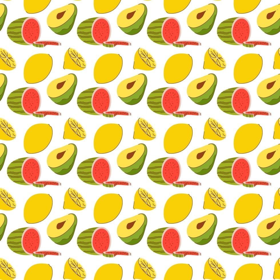 fruit pattern with coloring doodle watermelon, avocado, lemon. Vector Seamless Pattern of Fruits illustration