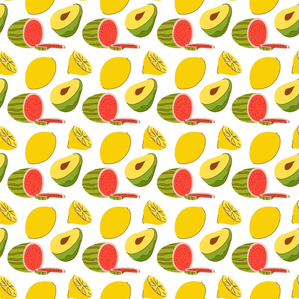 fruit pattern with coloring doodle watermelon, avocado, lemon. Vector Seamless Pattern of Fruits illustration