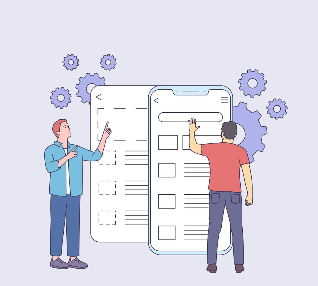 Development, prototyping, testing of mobile user graphic ux disassembled interface concept. Usability testing mobile screen with people man. Development software application ui and ux interface page. vector