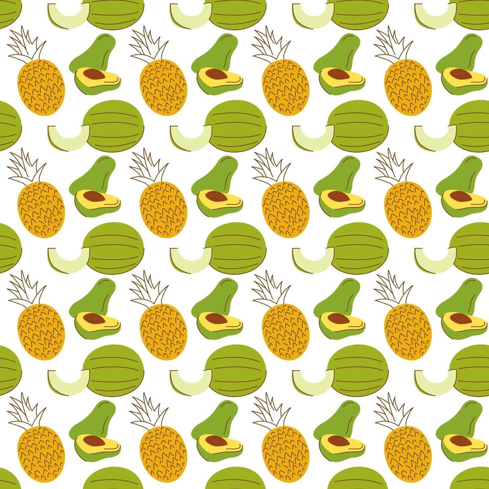 pattern background with fruit elements, watermelon, banana, mango. hand drawn seamless fruit pattern vector