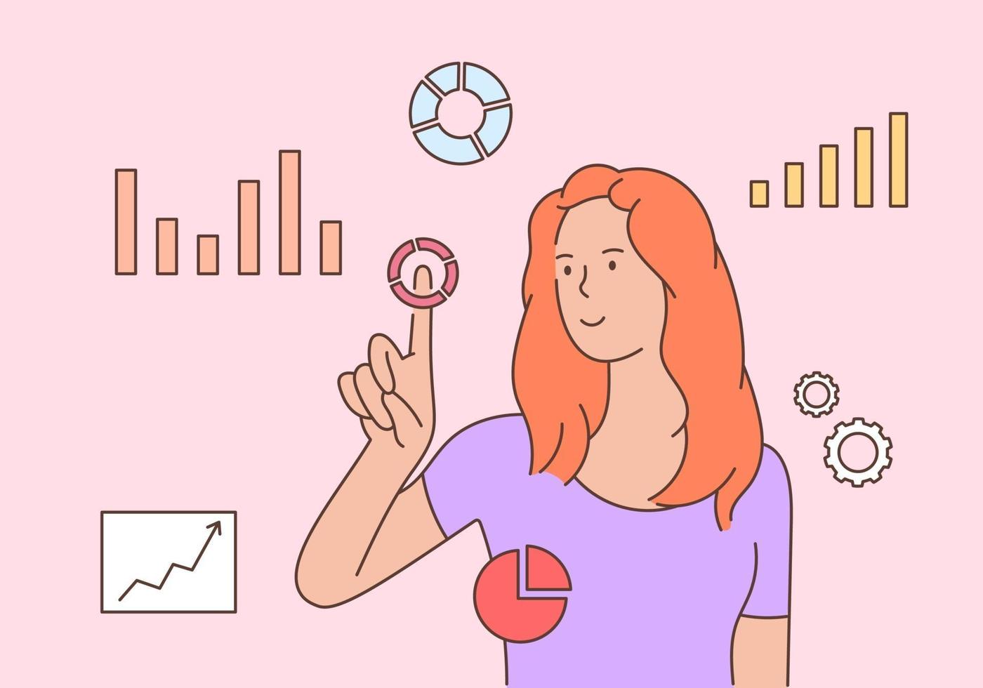 Visual data analytics diagrams concept. Young Smart business woman analyzing data on Projection Screen. Flat vector illustration