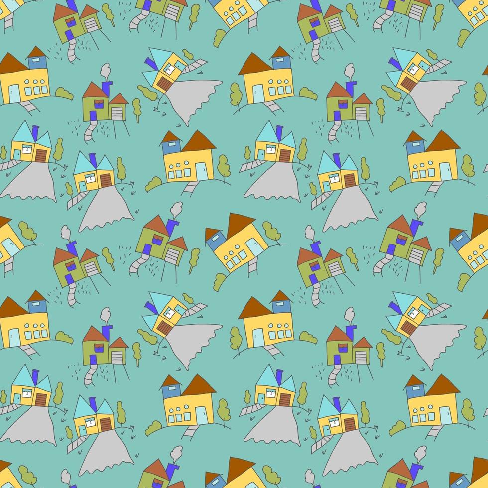 pattern seamless kids with home doodle element. seamless pattern with cartoon houses, decor elements. colorful vector for kids, flat style. Baby design for fabric, textile, print, wrapper.