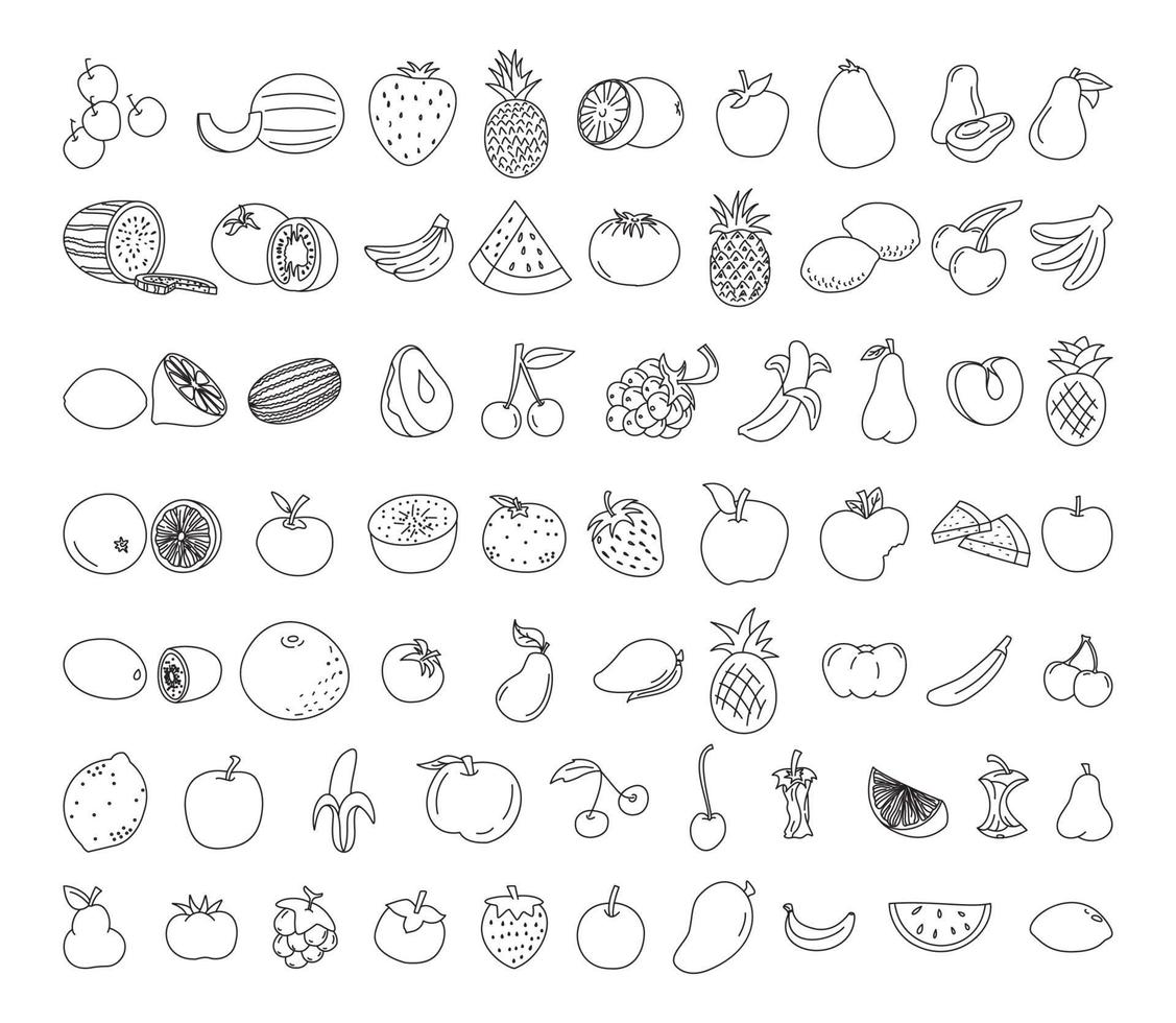 conjunto de doodle de elemento de fruta. Ilustración de doodle de vector de fruta. comida sana vegetariana, boceto de comida para la ilustración del menú