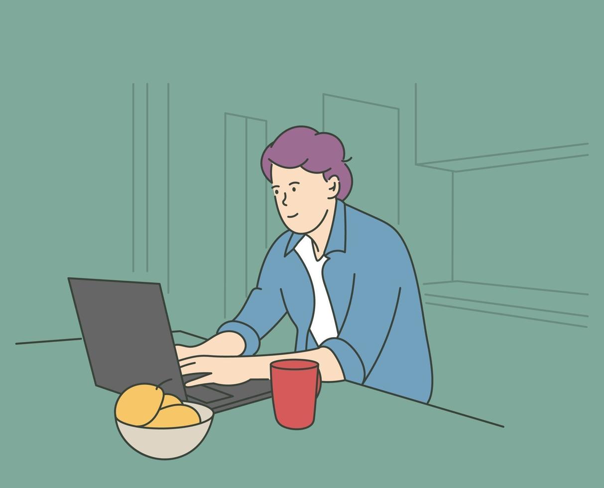 Communication, freelance, video conference concept. Young man character sitting on chair at home talking with friend online. Remote work at isolation illustration vector