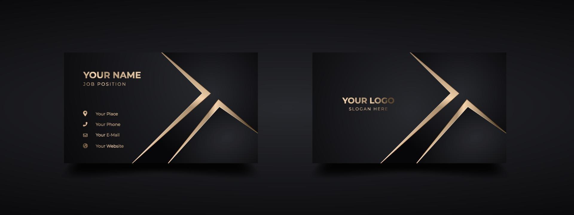 Luxury dark business card logo mockup with modern gold embossed and debossed effect. Vector elegant cards golden design template.