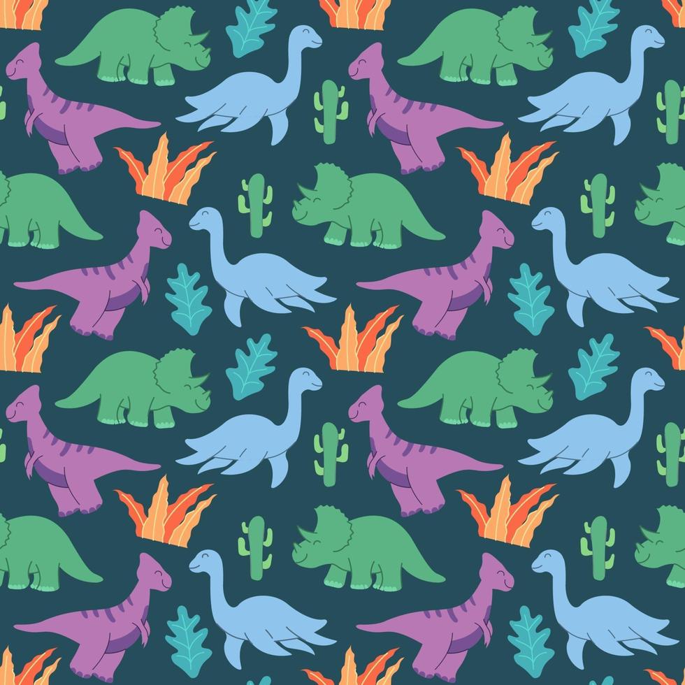 cute dinosaurs pattern design vector. Dinosaurs Cute kids pattern for girls and boys, Colorful Cartoon Animals on the abstract Creative seamless background, Artistic Backdrop for textile and fabric. vector