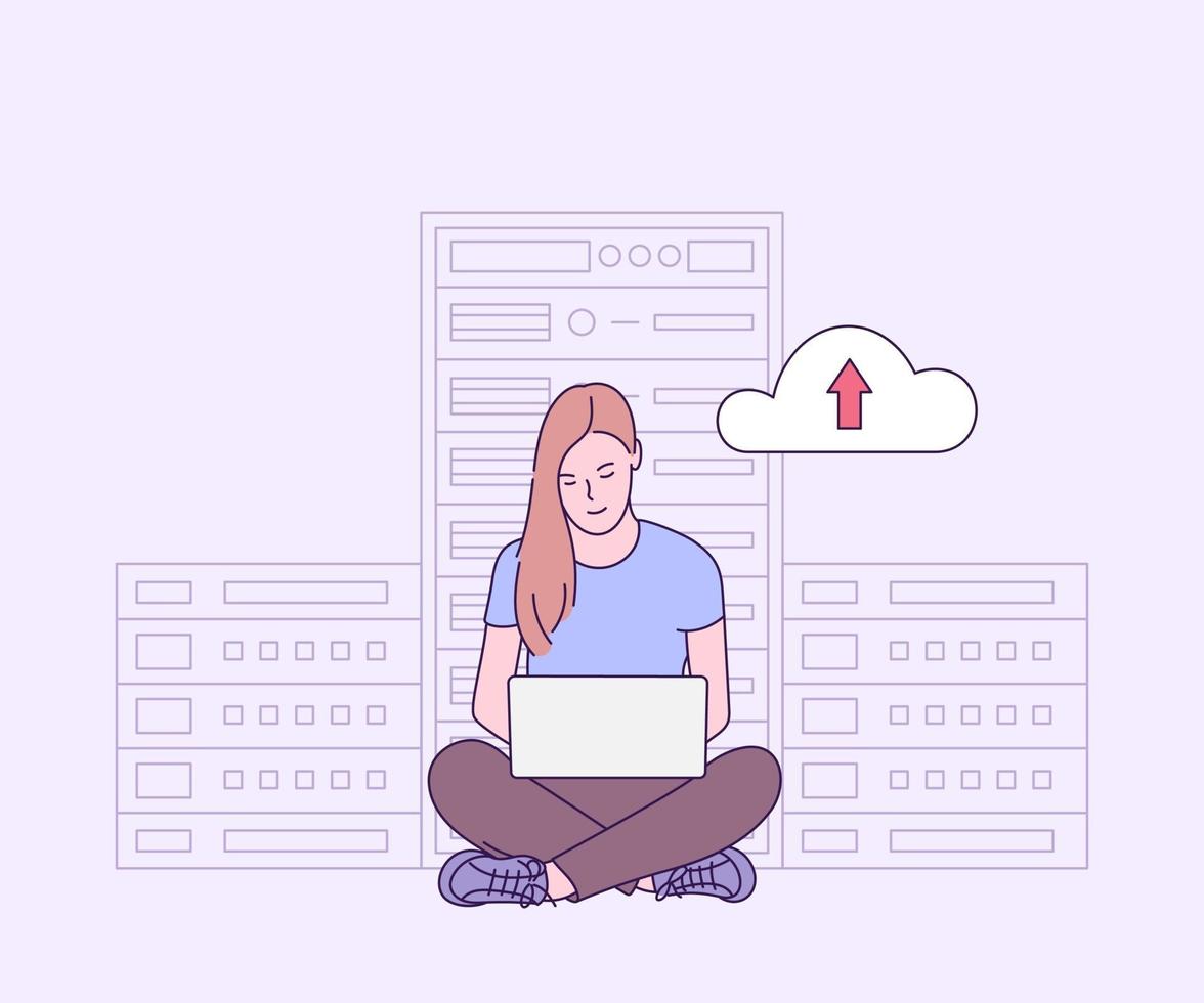 Online security, data protection, antivirus software, cloud hosting concept. Young woman IT administrator working in server room for hardware diagnostic. vector