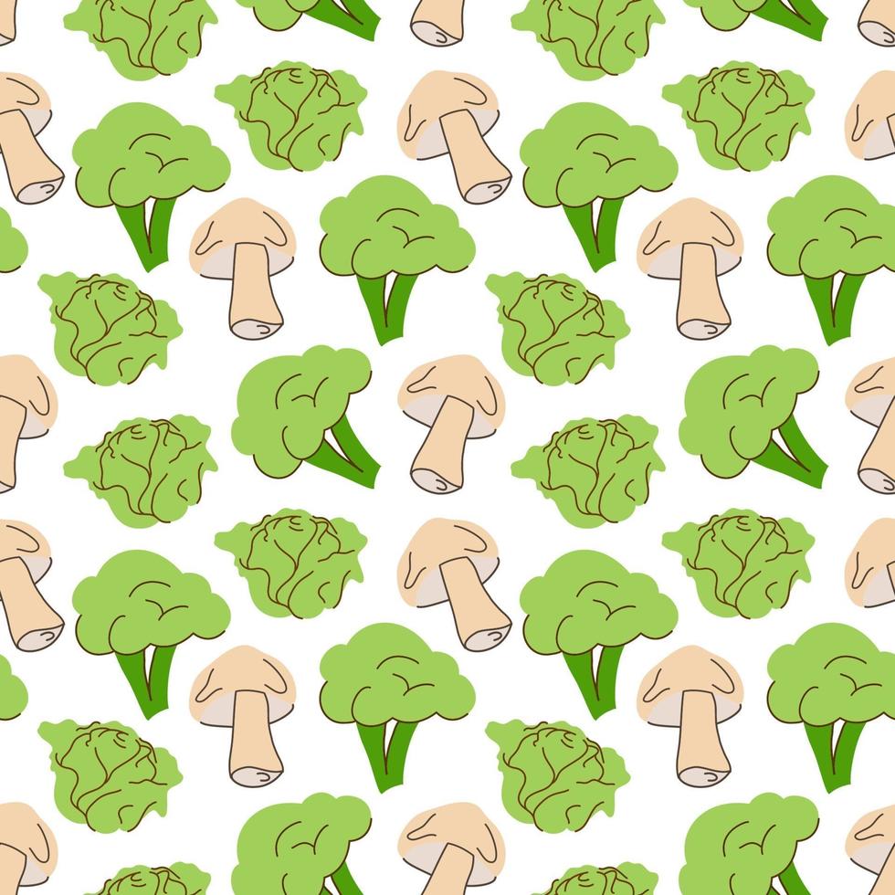vegetable pattern with composition broccoli, mushrooms, cabbage element. Perfect for food background, wallpaper, textile. Vector illustration