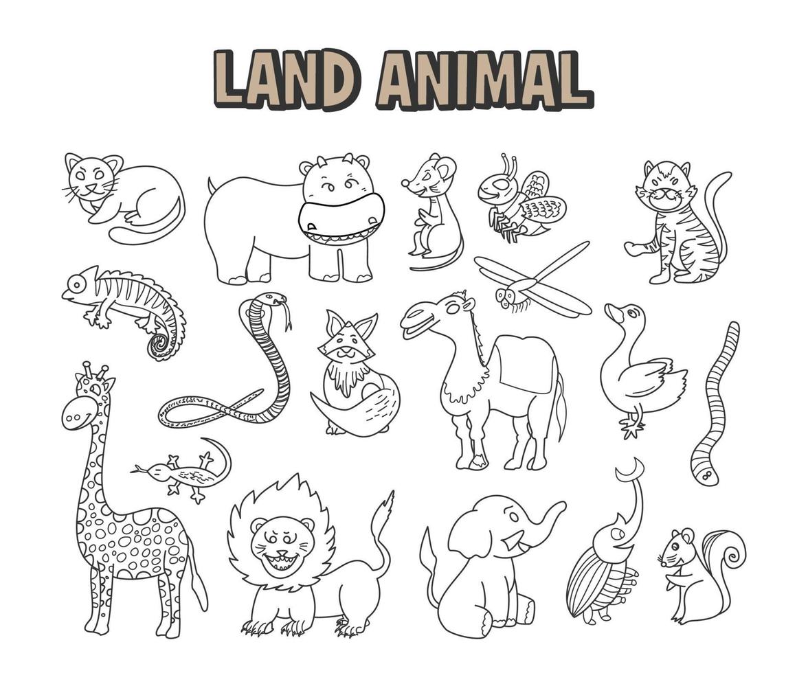 conjunto de elementos doodle línea animal terrestre. Colorear página dibujada a mano con lindo vector de animales de la sabana