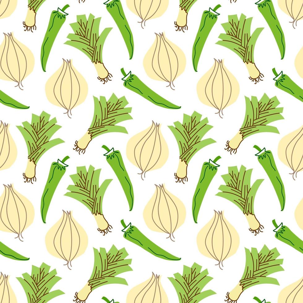 vegetable pattern with composition onions, garlic, chili peppers element. Perfect for food background, wallpaper, textile. Vector illustration