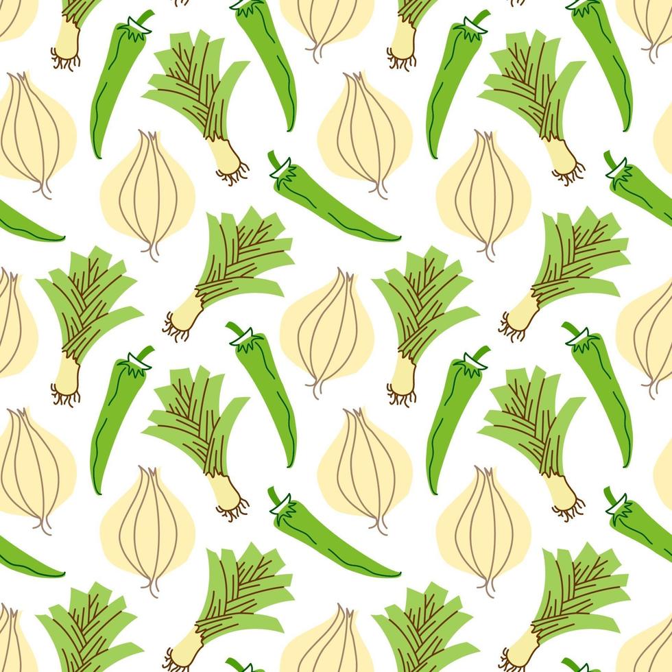 patrón vegetal con cebolla de composición, ajo, elemento de chiles. perfecto para fondo de alimentos, papel tapiz, textil. ilustración vectorial vector