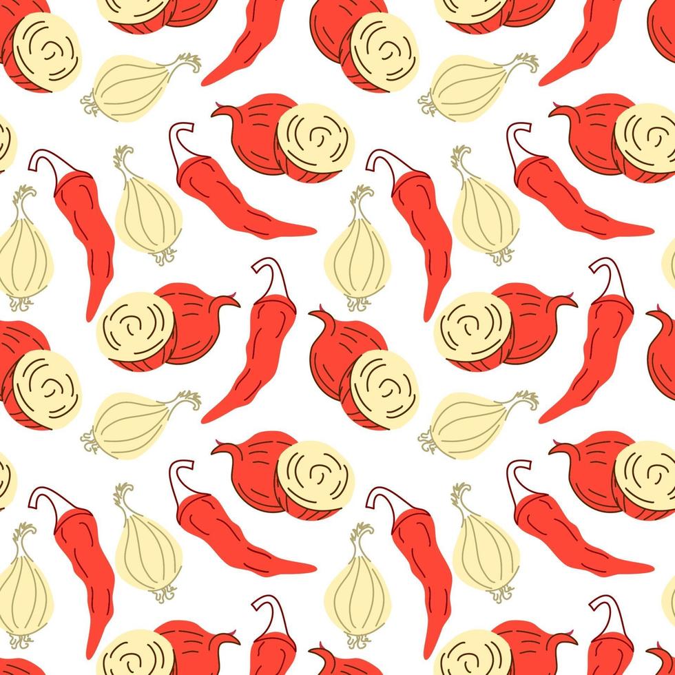 Seamless pattern vegetables with elements of onions and red chilies, Shallot. Vector illustration