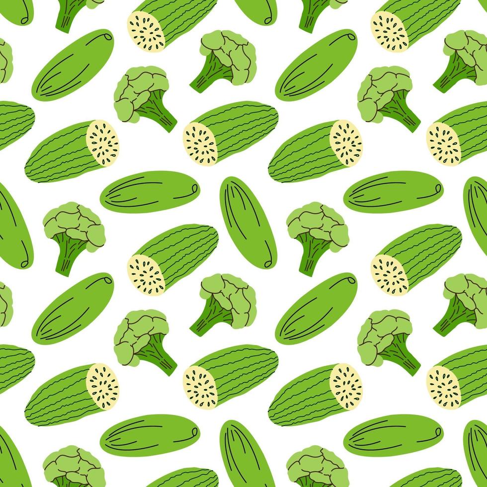 vegetable pattern with composition broccoli, cucumber element. Perfect for food background, wallpaper, textile. Vector illustration