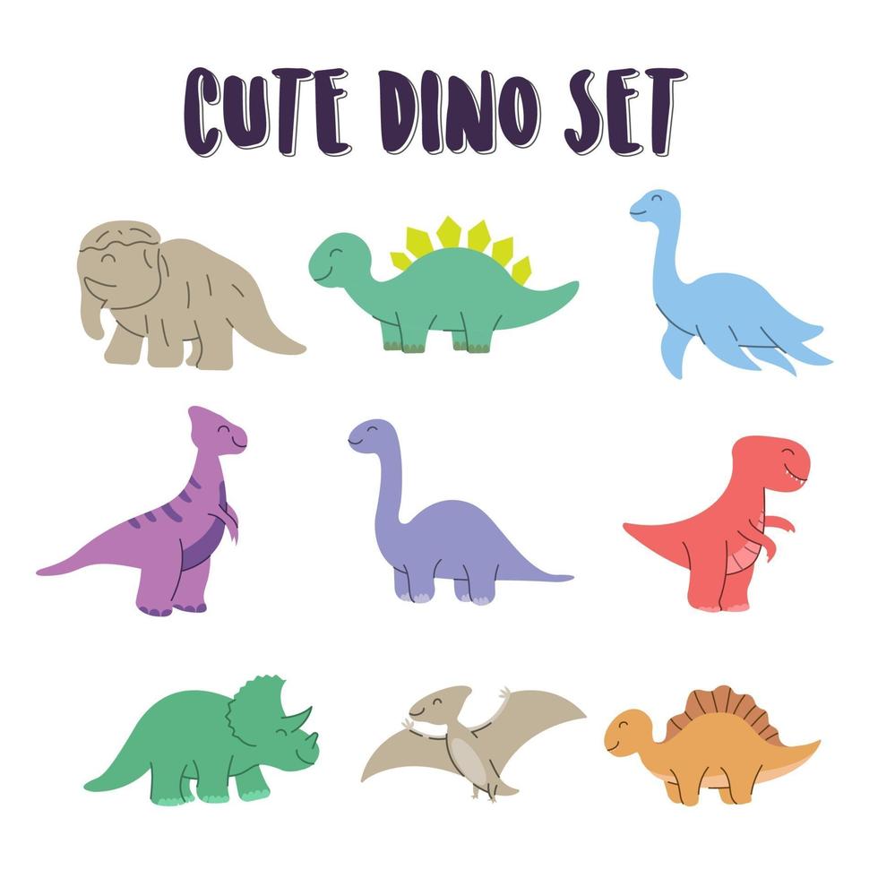 conjunto de lindos elementos para colorear dino. dino set, dinosaurios coloridos lindos felices vector