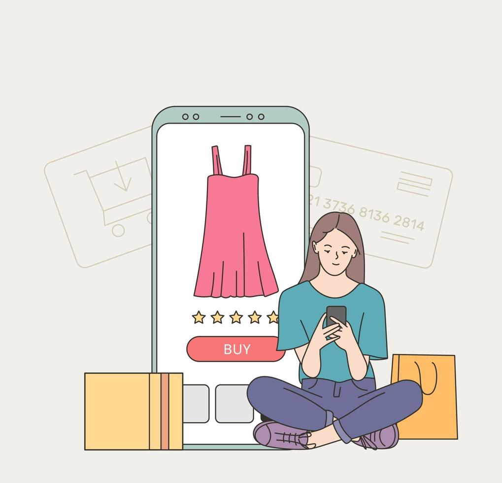 Web catalogue and confirmation purchase remotely illustration. Young woman customer cartoon character buyer holds phone, making payment online. vector