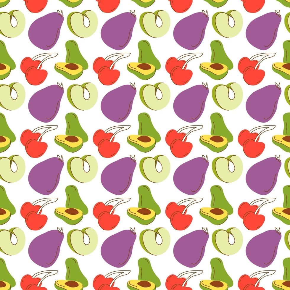 fruit pattern with coloring eggplant, avocados, green apples, cherries. Seamless retro background with fruits and vegetables vector