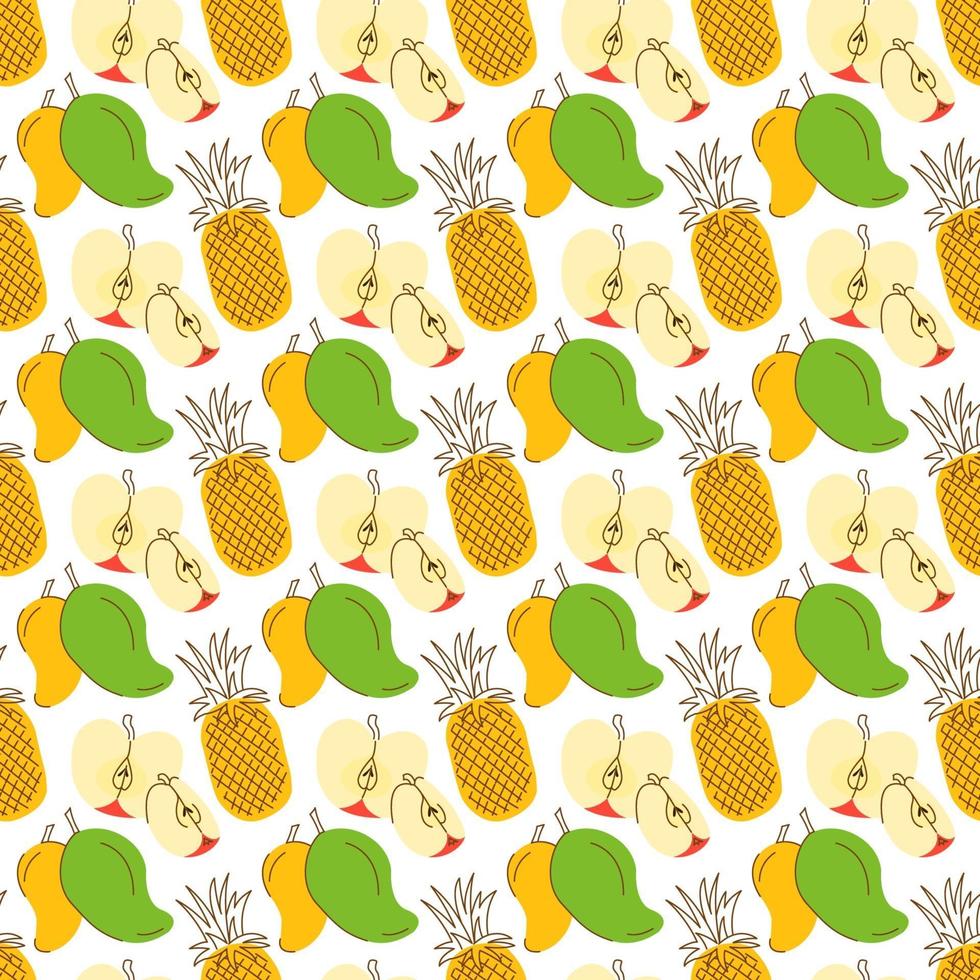 pattern background with three colorful fruits. Tropic summer seamless pattern with pineapple, mango, apple vector