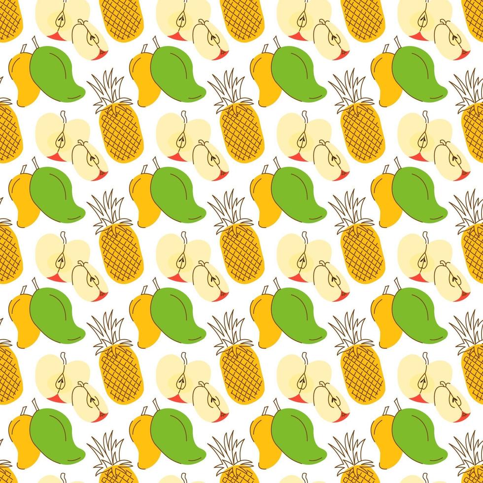 pattern background with three colorful fruits. Tropic summer seamless pattern with pineapple, mango, apple vector