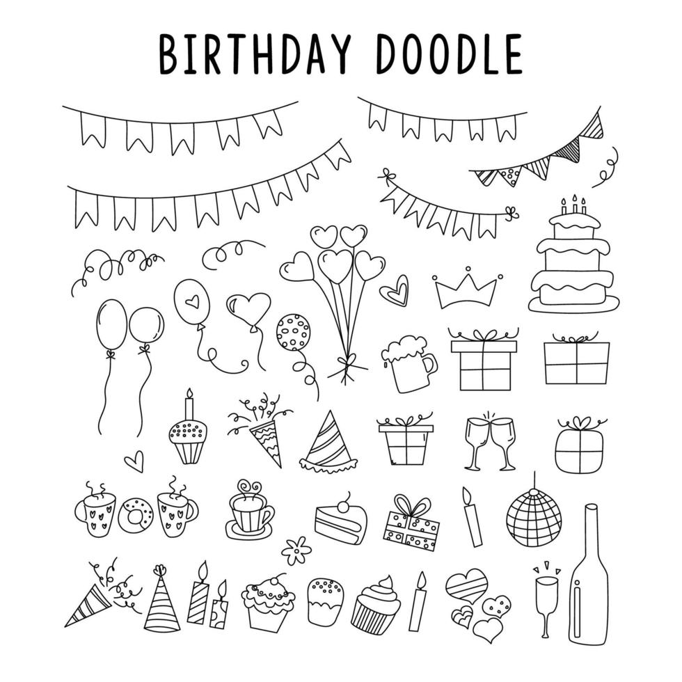 conjunto de elementos doodle decoraciones para cumpleaños. vector conjunto de elementos para cumpleaños y garabatos de fiesta. conjunto de colección de fiesta de cumpleaños con arte de doodle o estilo de dibujo a mano