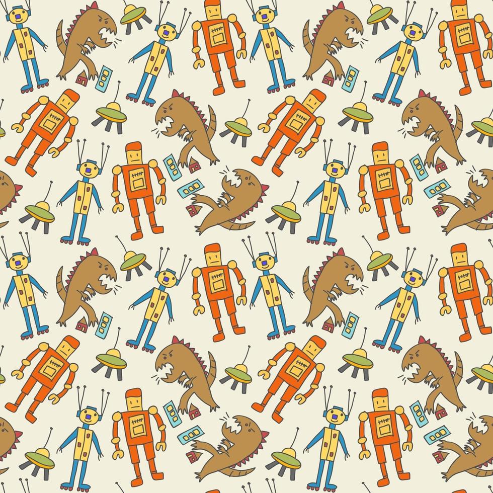 pattern seamless kids with comic doodle element. Robot pattern with cute colorful robots on white. Vector illustration