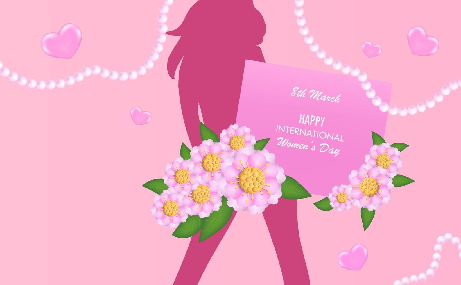 International women's day background with paper cut flowers, pearls and confident girl vector