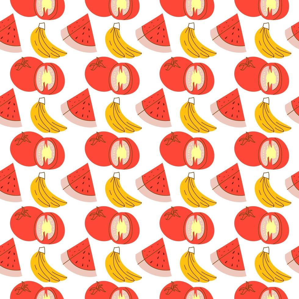 fruit pattern with coloring, watermelon, banana, tomato. Vector seamless pattern of vegetable and fruit