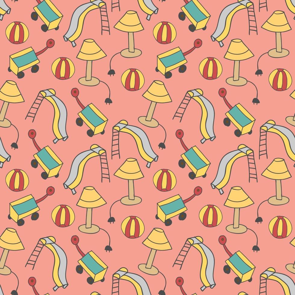 pattern seamless kids with outdoor doodle element. Seamless childish pattern with hand drawn house items. Cute kids city texture. For scrap booking, fabric, diary, phone cases, wrapping paper, notebook covers. Swatch included. vector