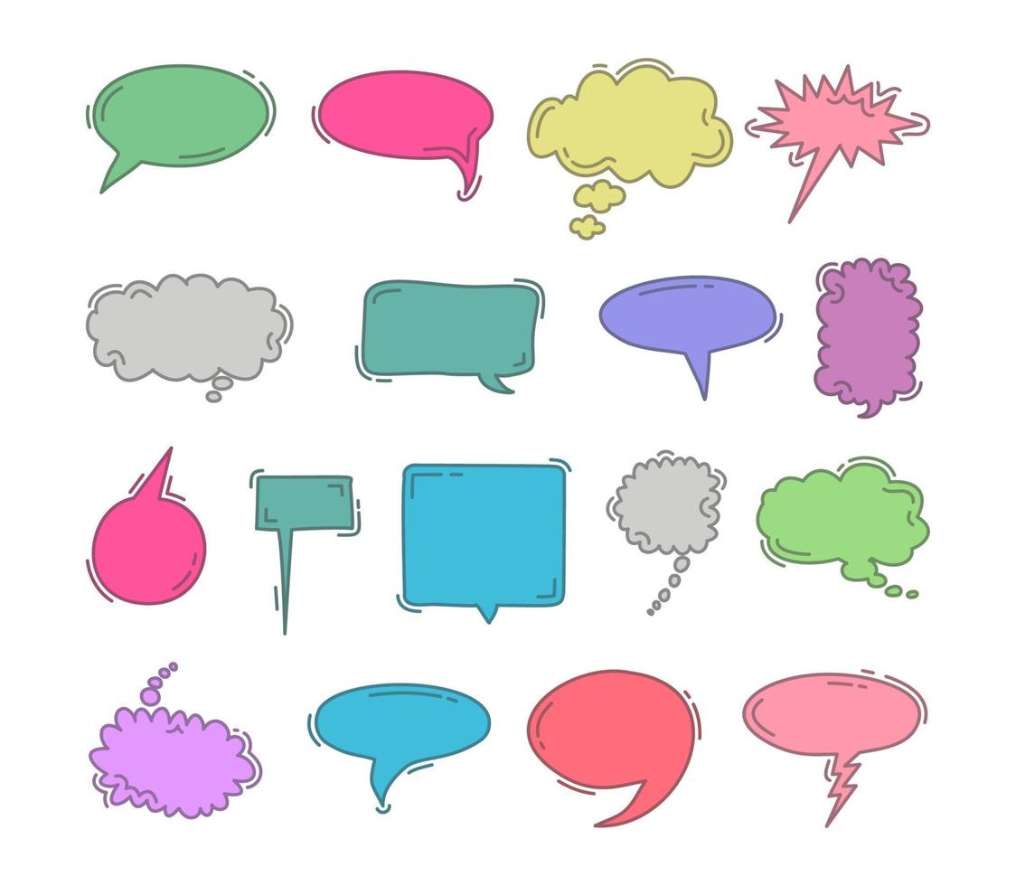 chat bubble doodle colorful hand draw element set. Vector set of speech bubbles. Doodle hand draw like kids style in pastel color for use in business, chat, inbox, dialog, message, question, communication, talk, speak, sticker, balloon, thinking