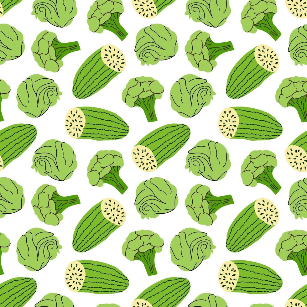 Patrón vegetal con pepino, brócoli, ilustración de vector de elemento de repollo