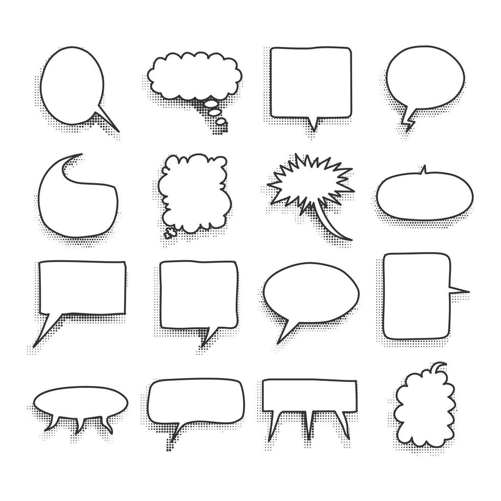 Big set picture blank template comic text speech chat bubble halftone dot background style pop art. Dialog empty cloud, space pop art Creative idea conversation Clear comics book sketch explosion vector