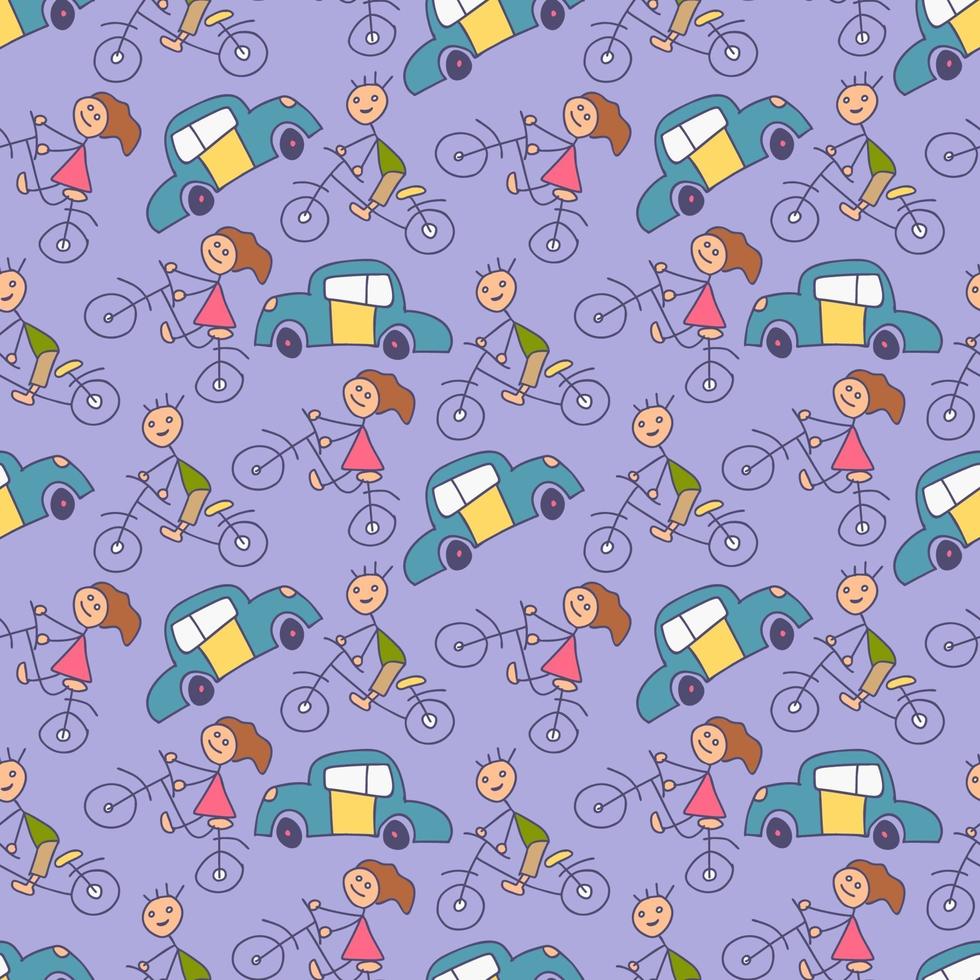 Doodle patrón de transporte para niños con elemento de coche de bicicleta. lindo, dibujado a mano, niños, coches, garabato, conjunto vector