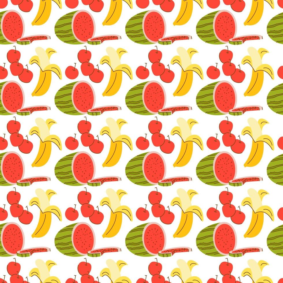 pattern seamless with fruit element. Doodle watermelon, banana, cherry elements. Vector seamless pattern. Hand drawn illustrations.