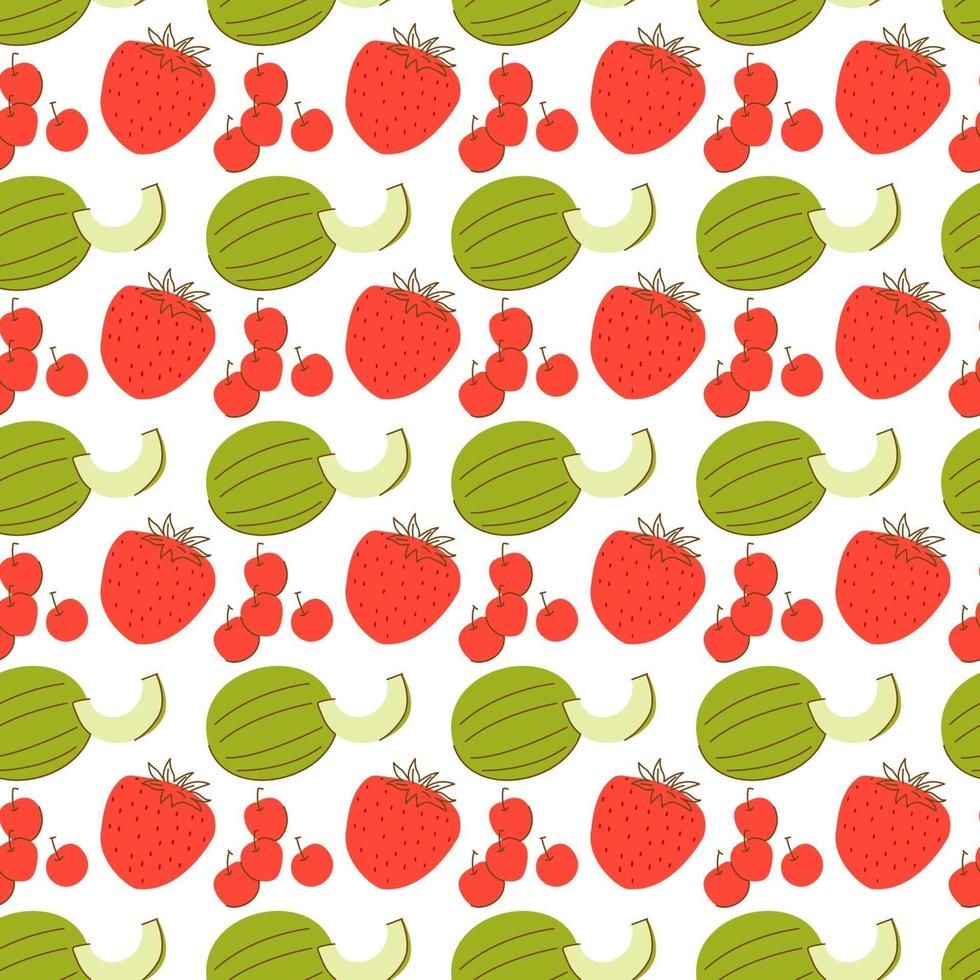 fruit pattern with coloring melon, strawberry and cherry element. Seamless pattern with watermelons and strawberries. vector