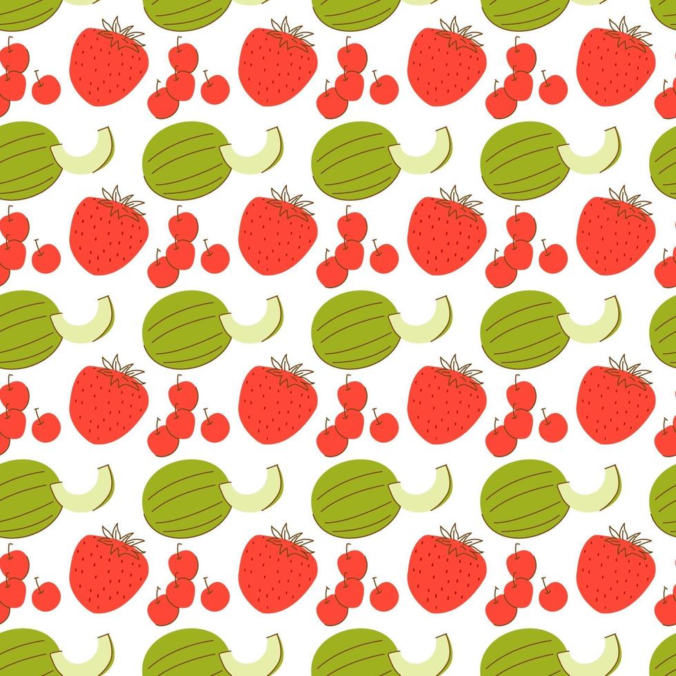 fruit pattern with coloring melon, strawberry and cherry element. Seamless pattern with watermelons and strawberries. vector