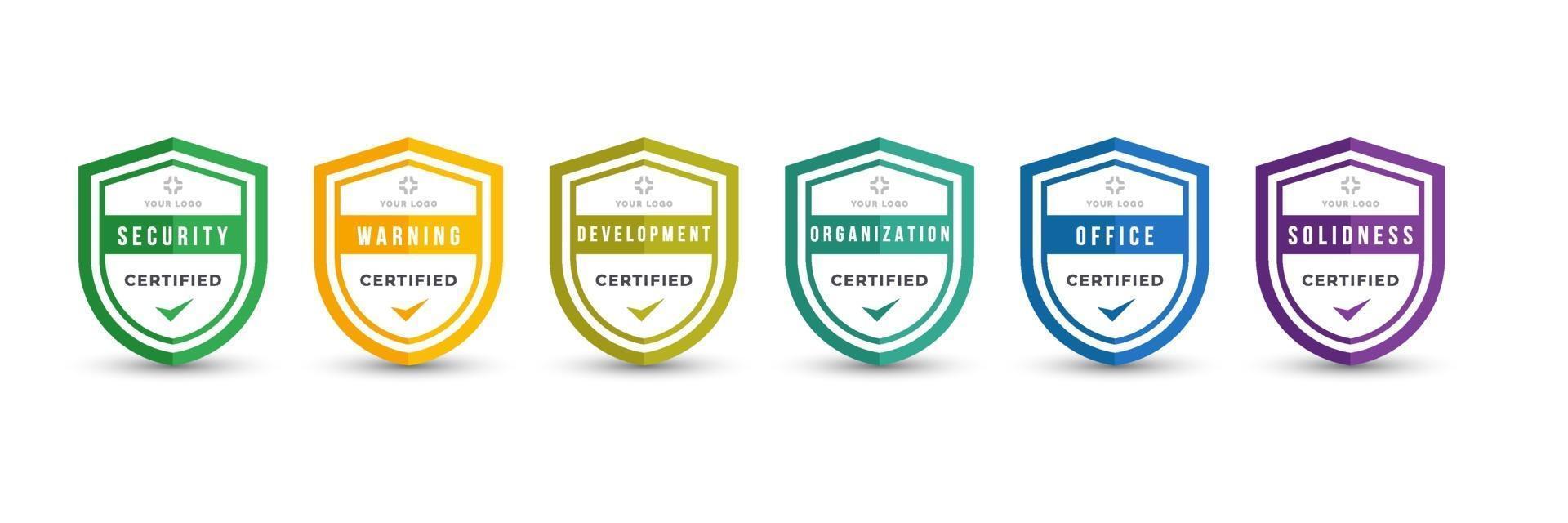 Certified logo badge shield design for company training badge certificates to determine based on criteria. Set bundle certify with colorful security vector illustration.