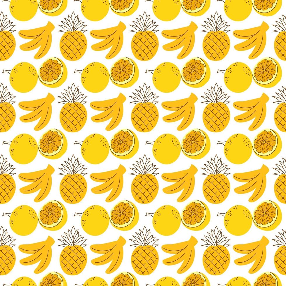 pattern background with fruit elements banana, pineapple, orange. Tropical fruits isolated on white background. Tiled summer pattern from pineapples, bananas and oranges. Fresh tropical fruits seamless background. vector