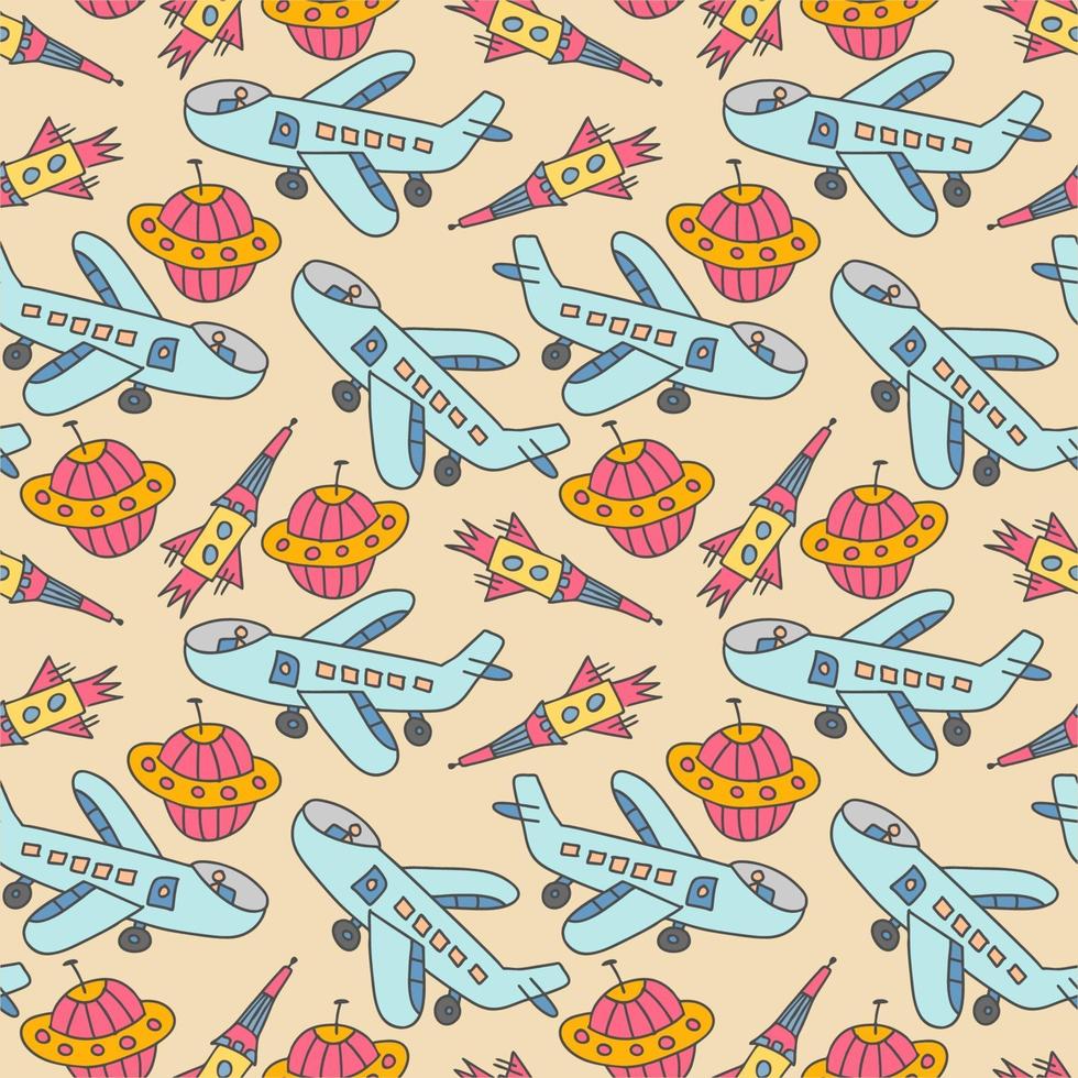 seamless pattern aircraft. Seamless space pattern. Planets, rockets cartoon spaceship icons. Kid's elements for scrap-booking. Childish background. Hand drawn vector illustration.